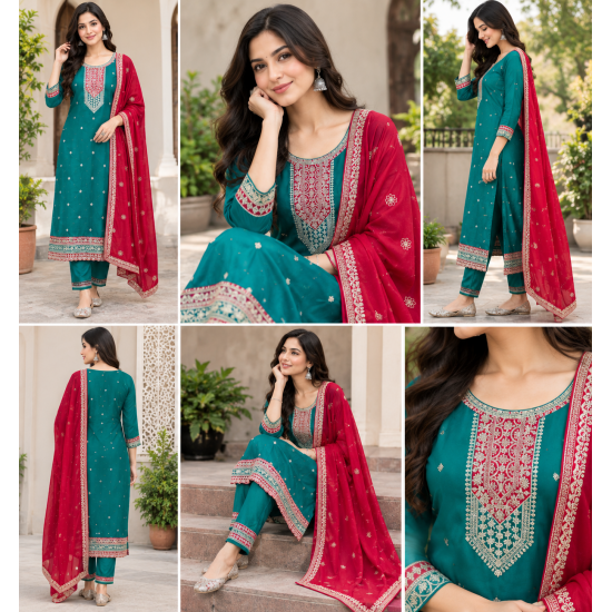 Femy Trend ethnic collection with this elegant Women Embroidered Kurta Pant with Dupatta Set Green Color