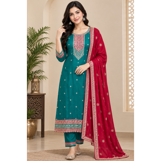 Femy Trend ethnic collection with this elegant Women Embroidered Kurta Pant with Dupatta Set Green Color