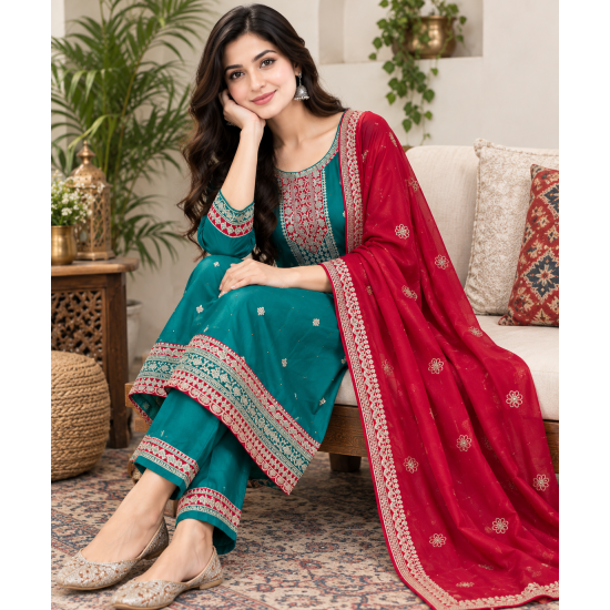 Femy Trend ethnic collection with this elegant Women Embroidered Kurta Pant with Dupatta Set Green Color