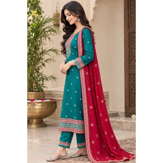 Femy Trend ethnic collection with this elegant Women Embroidered Kurta Pant with Dupatta Set Green Color