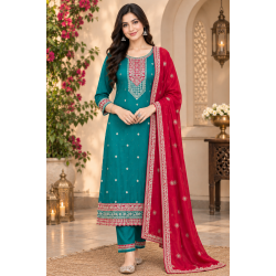 Femy Trend ethnic collection with this elegant Women Embroidered Kurta Pant with Dupatta Set Green Color