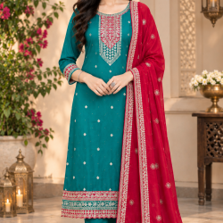 Femy Trend ethnic collection with this elegant Women Embroidered Kurta Pant with Dupatta Set Green Color