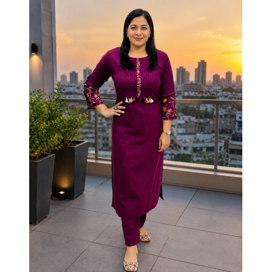 New Launch khadi cotton fabric straight kurta with pant set for work/casual wear Violet