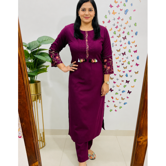 New Launch khadi cotton fabric straight kurta with pant set for work/casual wear Violet