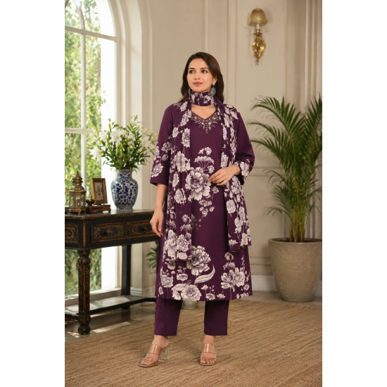 Kurta with V neck and beautifully design on neck in rayon silk fabric Violet