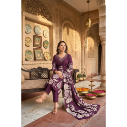 Kurta with V neck and beautifully design on neck in rayon silk fabric Violet