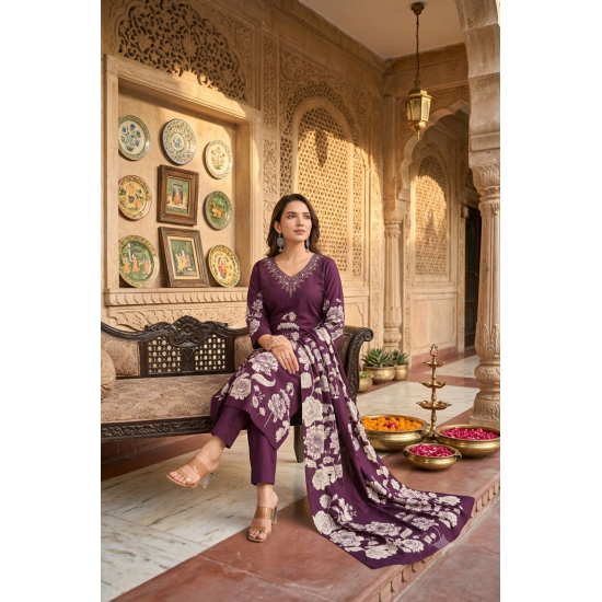 Kurta with V neck and beautifully design on neck in rayon silk fabric Violet