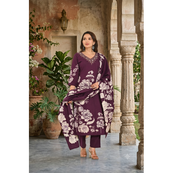 Kurta with V neck and beautifully design on neck in rayon silk fabric Violet