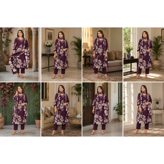 Kurta with V neck and beautifully design on neck in rayon silk fabric Violet