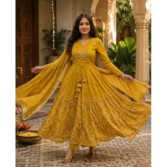Beautiful New Anarkali dress/gown with pant & Beautiful Dupatta for festive occasion Yellow