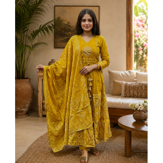 Beautiful New Anarkali dress/gown with pant & Beautiful Dupatta for festive occasion Yellow