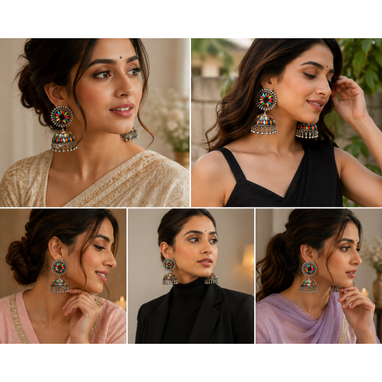 Traditional Indian Alloy Jhumki Earring-Multicolor