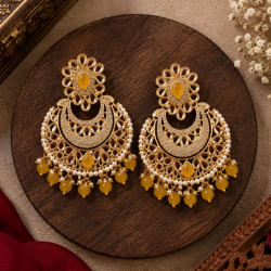 Traditional Gold Plated Kundan Pearl Earrings-Yellow