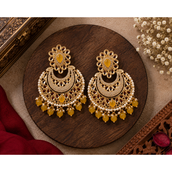 Traditional Gold Plated Kundan Pearl Earrings-Yellow