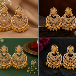 Traditional Gold Plated Kundan Pearl Earrings-Yellow