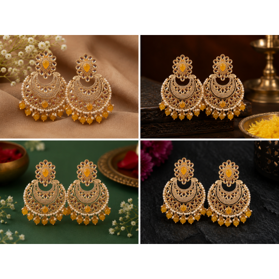 Traditional Gold Plated Kundan Pearl Earrings-Yellow