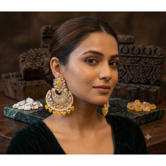 Traditional Gold Plated Kundan Pearl Earrings-Yellow