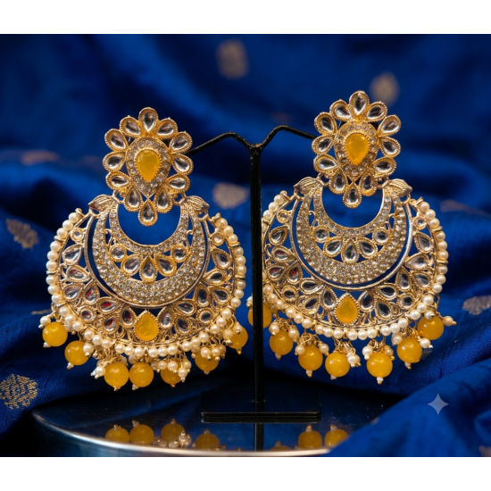 Traditional Gold Plated Kundan Pearl Earrings-Yellow