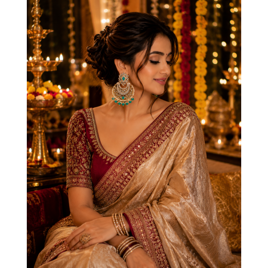 Traditional Gold Plated Kundan Pearl Earrings-Aqua