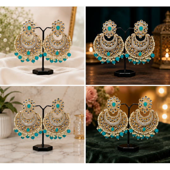 Traditional Gold Plated Kundan Pearl Earrings-Aqua