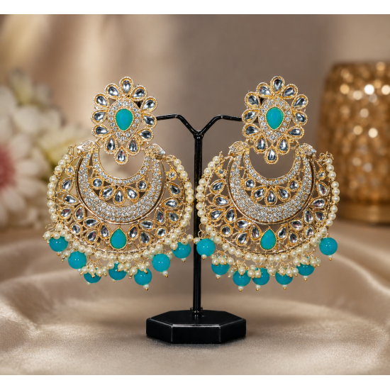 Traditional Gold Plated Kundan Pearl Earrings-Aqua
