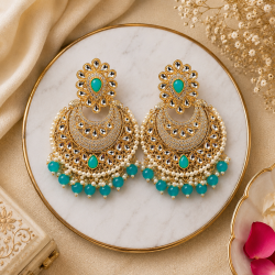 Traditional Gold Plated Kundan Pearl Earrings-Aqua