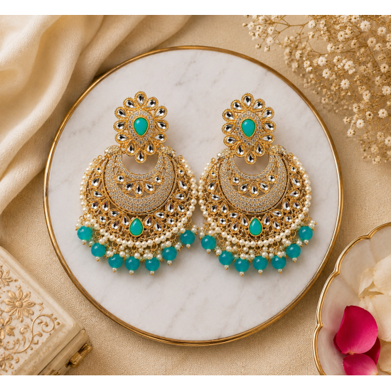 Traditional Gold Plated Kundan Pearl Earrings-Aqua