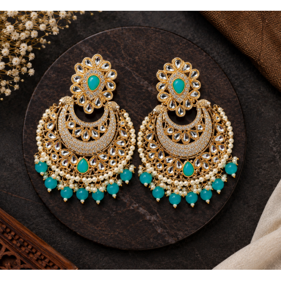 Traditional Gold Plated Kundan Pearl Earrings-Aqua