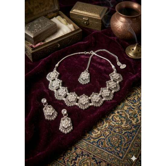 Oxidised Silver Brass Chokar Jewel Set