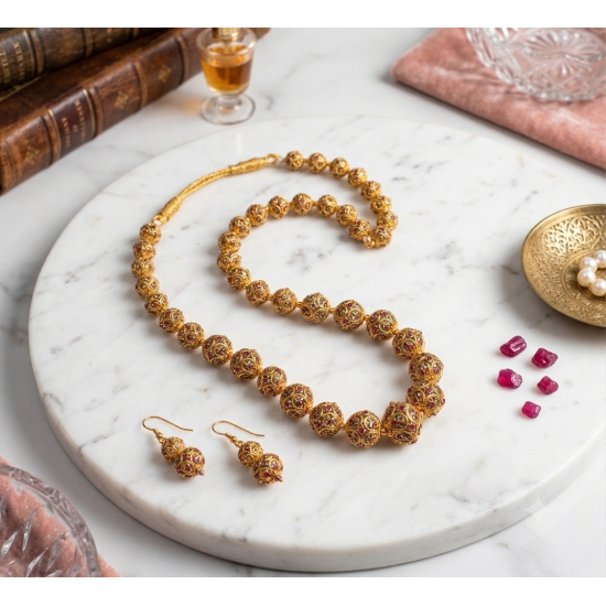 Antique gold-toned Ball necklace with matching filigree drop earrings-Grey