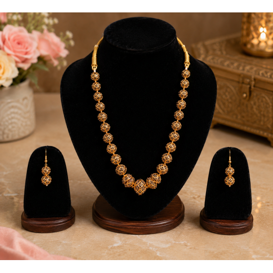 Antique gold-toned Ball necklace with matching filigree drop earrings-Grey