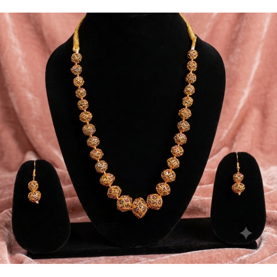 Antique gold-toned Ball necklace with matching filigree drop earrings-Grey