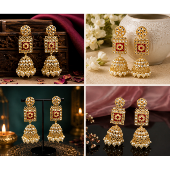 Kundan White Bead Jhumka Earrings | Heavy Party Wear Jewellery Beads Brass Jhumki Earring-Red