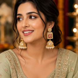 Kundan White Bead Jhumka Earrings | Heavy Party Wear Jewellery Beads Brass Jhumki Earring-Red