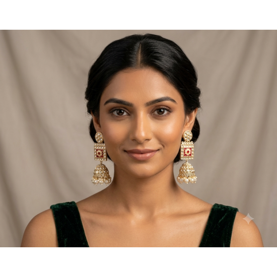 Kundan White Bead Jhumka Earrings | Heavy Party Wear Jewellery Beads Brass Jhumki Earring-Red