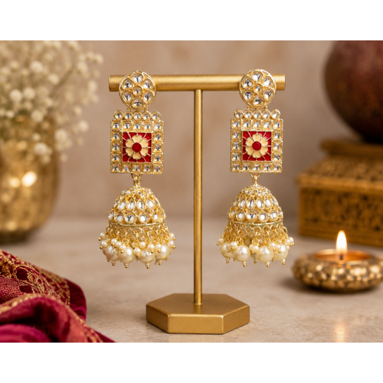 Kundan White Bead Jhumka Earrings | Heavy Party Wear Jewellery Beads Brass Jhumki Earring-Red