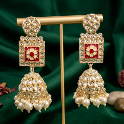 Kundan White Bead Jhumka Earrings | Heavy Party Wear Jewellery Beads Brass Jhumki Earring-Red