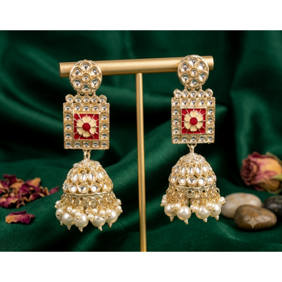 Kundan White Bead Jhumka Earrings | Heavy Party Wear Jewellery Beads Brass Jhumki Earring-Red