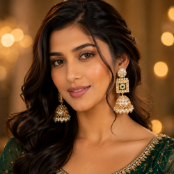 Kundan White Bead Jhumka Earrings | Heavy Party Wear Jewellery Beads Brass Jhumki Earring-Green