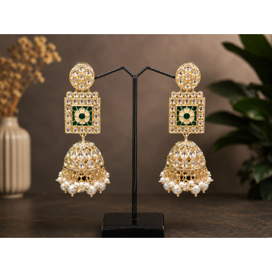 Kundan White Bead Jhumka Earrings | Heavy Party Wear Jewellery Beads Brass Jhumki Earring-Green