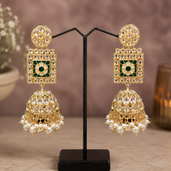 Kundan White Bead Jhumka Earrings | Heavy Party Wear Jewellery Beads Brass Jhumki Earring-Green