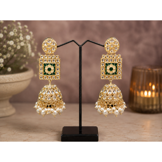 Kundan White Bead Jhumka Earrings | Heavy Party Wear Jewellery Beads Brass Jhumki Earring-Green