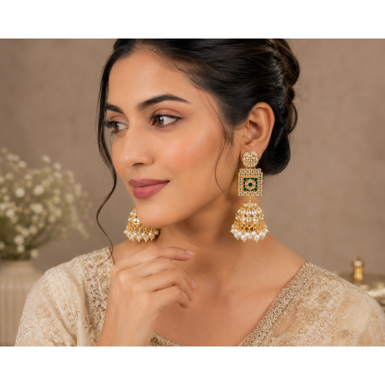 Kundan White Bead Jhumka Earrings | Heavy Party Wear Jewellery Beads Brass Jhumki Earring-Green