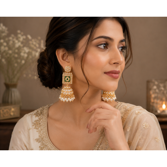 Kundan White Bead Jhumka Earrings | Heavy Party Wear Jewellery Beads Brass Jhumki Earring-Green