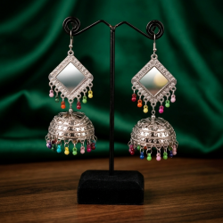 Oxidized Silver Mirror Work Jhumka Earrings with Beaded Danglers
