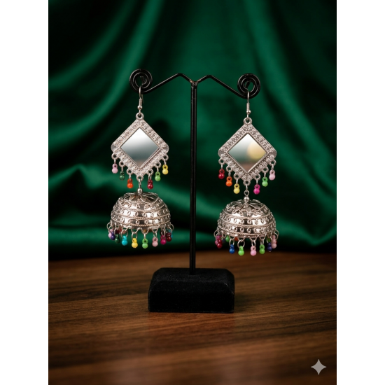 Oxidized Silver Mirror Work Jhumka Earrings with Beaded Danglers