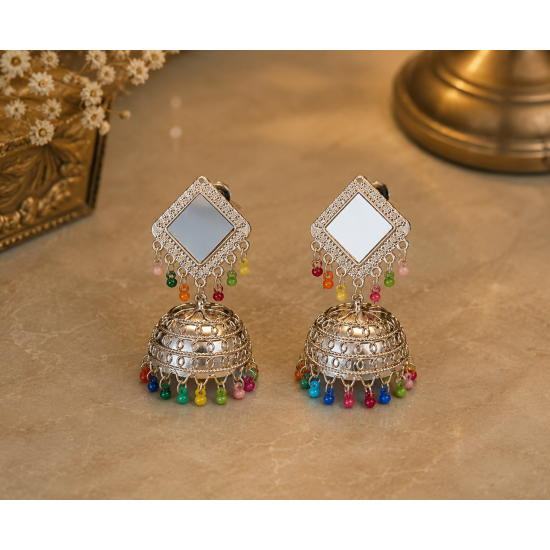 Oxidized Silver Mirror Work Jhumka Earrings with Beaded Danglers