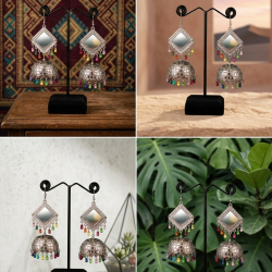 Oxidized Silver Mirror Work Jhumka Earrings with Beaded Danglers