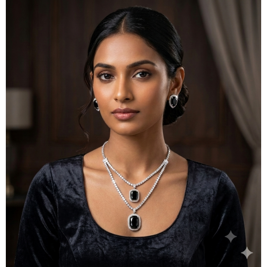 Brass Rhodium AD Double Layered Pendent Set-Black