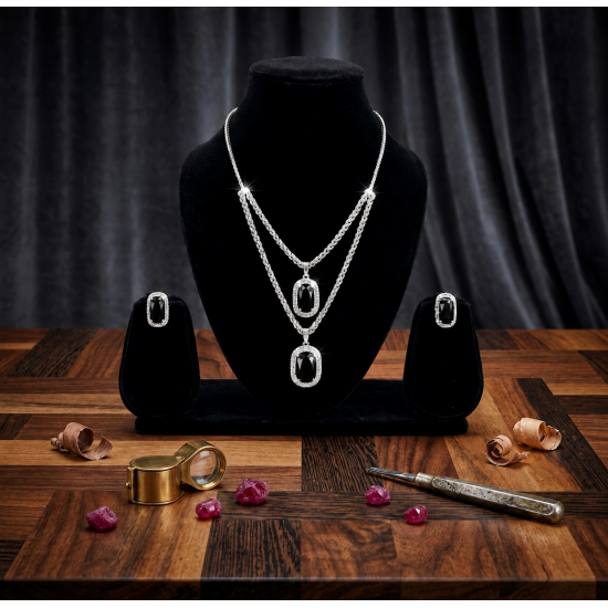 Brass Rhodium AD Double Layered Pendent Set-Black